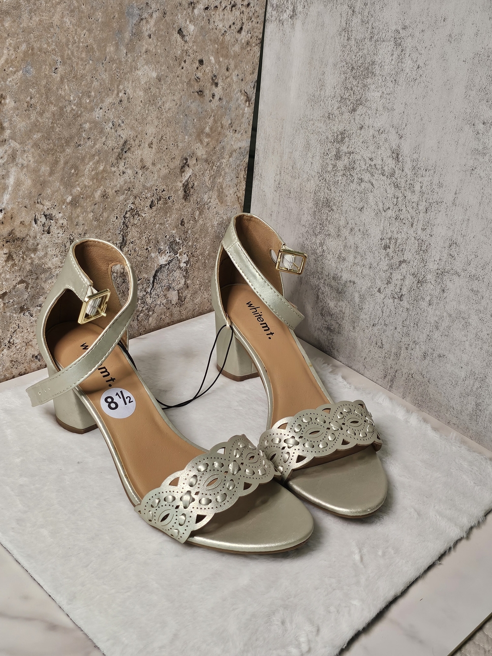 WHIT Women's Champagne Gold Block Heel Sandals with Laser-Cut Toe Strap
